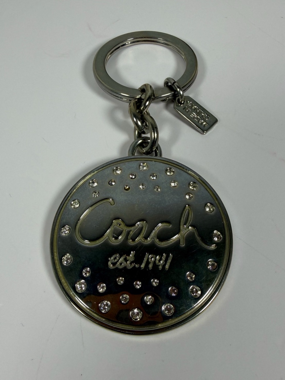 Coach Est. 1941 Crystal Round Medallion Keychain Bag Charm Silver Tone